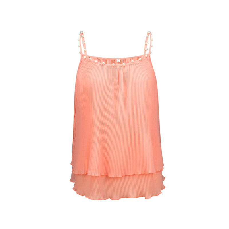 Pearl Camisole Top Women Ruffle Loose Shirt Summer - Minihomy