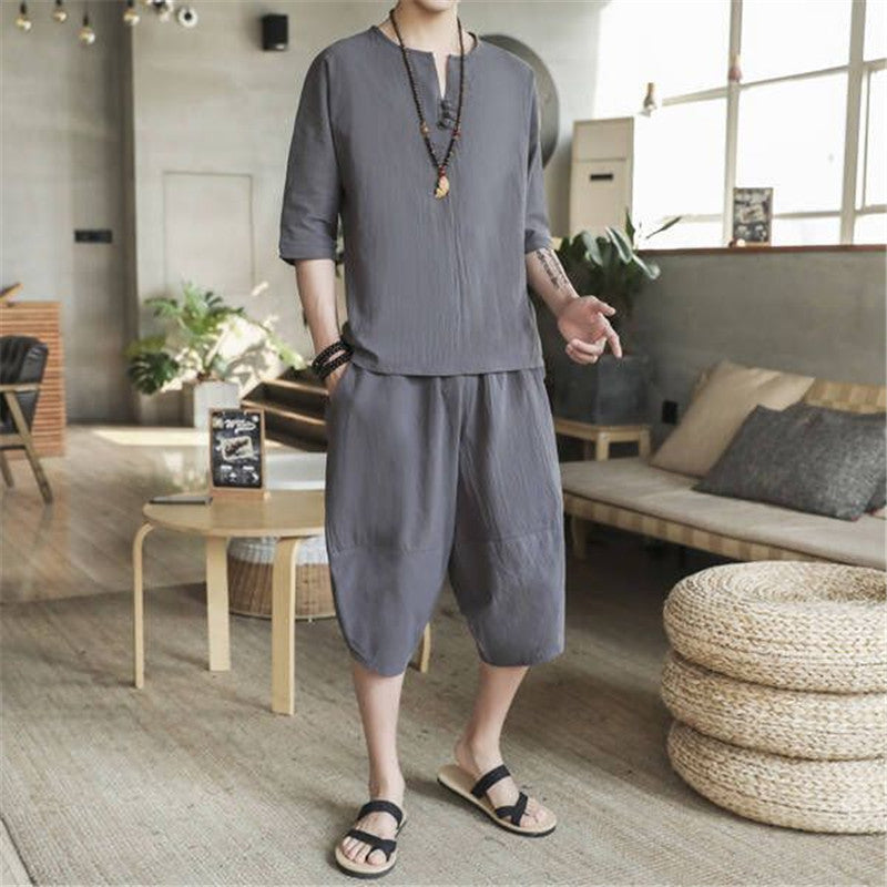 Men's Linen Suit Chinese Style Large Loose Cropped Trousers - Minihomy