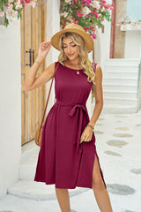 Summer Sleeveless Dress With Pockets Waist Lace-up Slits Dresses Fashion Womens Clothing