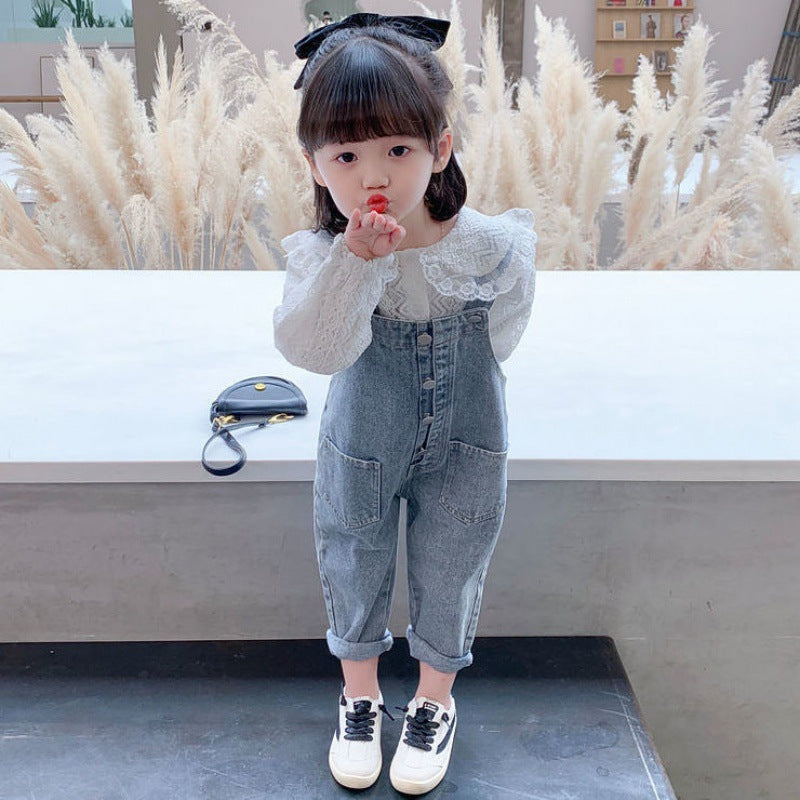 Girls Denim Overalls And Lace Shirt Two-piece Suit - Minihomy