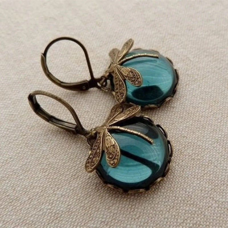 Vintage Dragonfly Pendant Earrings with Boho Chakra Blue Moonstone Drops