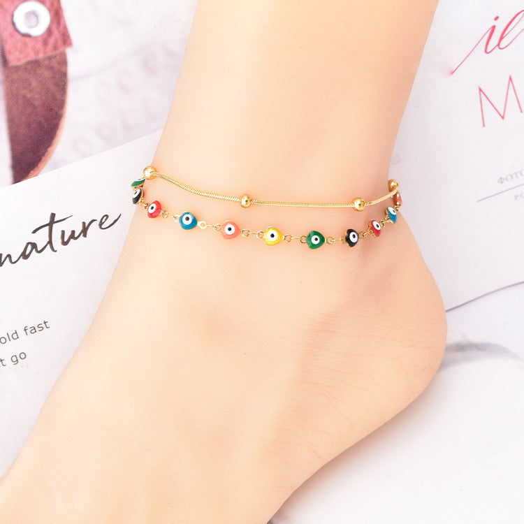 Double-layer Chain Color Billiards Round Beads Anklet - Minihomy