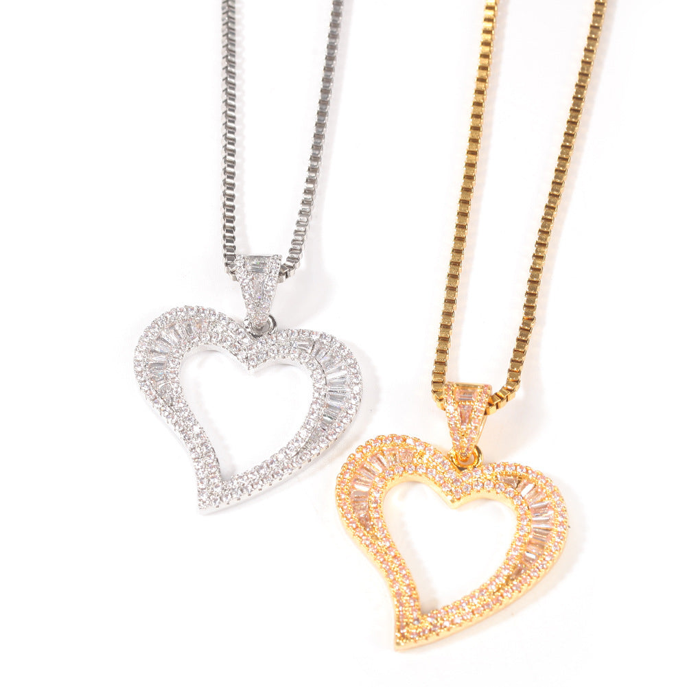 Square Zirconium Small Heart Pendant Necklace: Simple Hip Hop Style