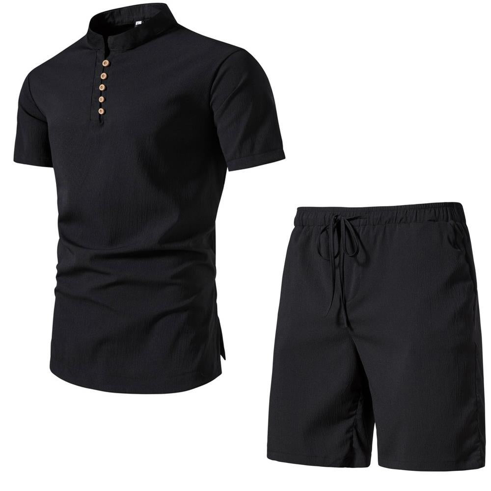 Men's Solid Color Short Sleeve Two-piece Chinese Style - Minihomy