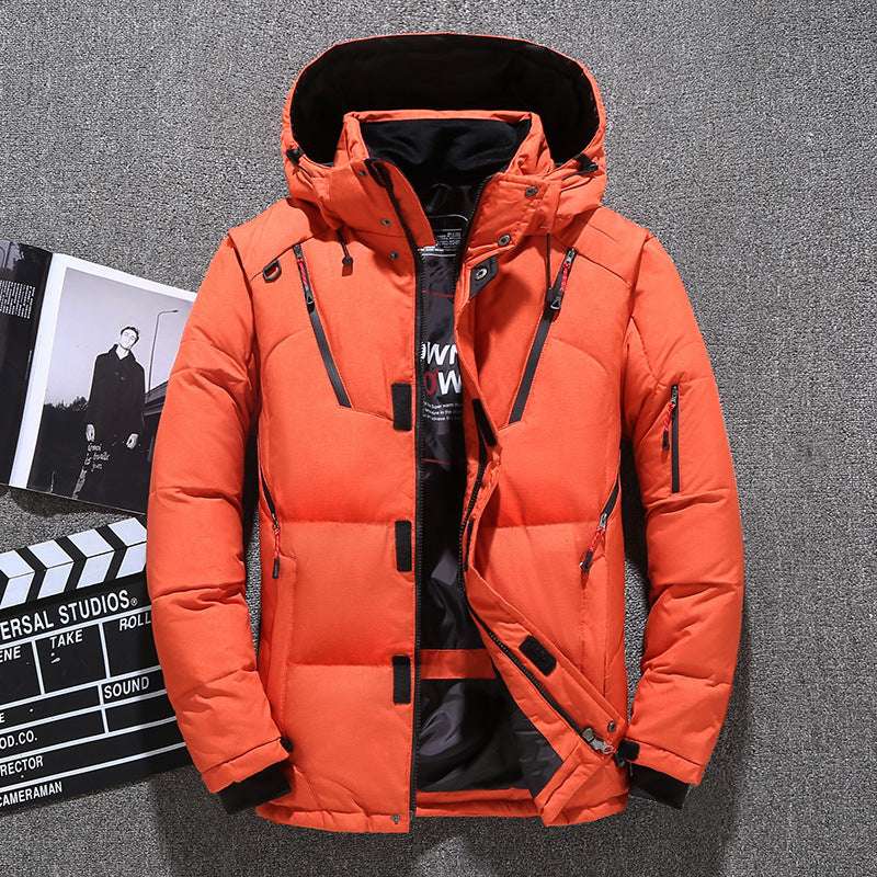 Men's Short Winter Thick White Down Hooded Jacket Multi-pocket Outdoor Set - Minihomy