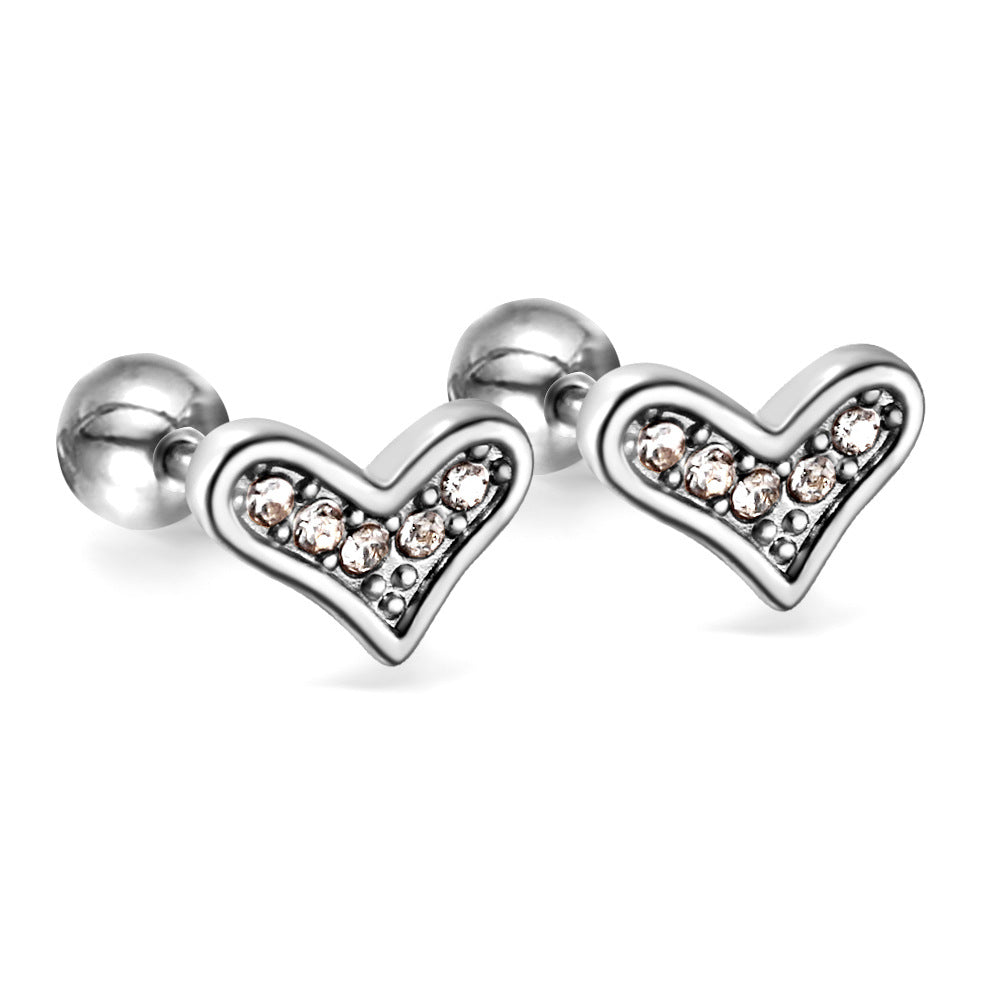 Love Heart Stud Earrings Stainless Steel Hollow Jeweled Earrings - Minihomy