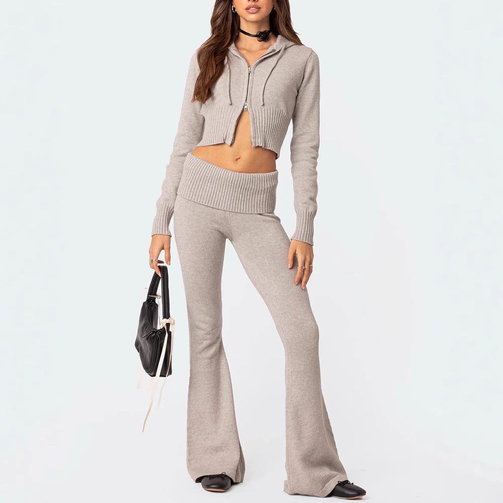 Women's Knit Hooded Zip-Up Crop Top & Flared Pants Set