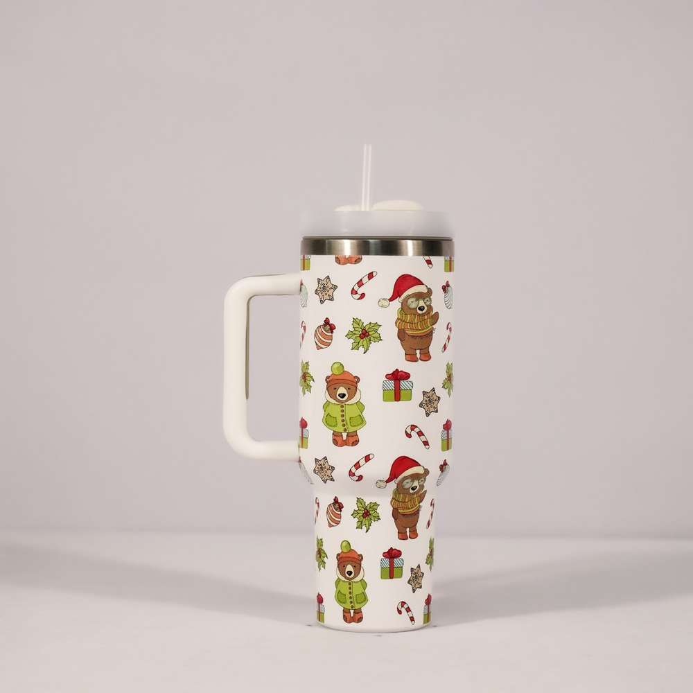 Christmas Pattern Mug With Handle Lid Straw Drinkware Stainless Steel Vacuum Tumbler Large Capacity Car Travel Coffee Cup - Minihomy