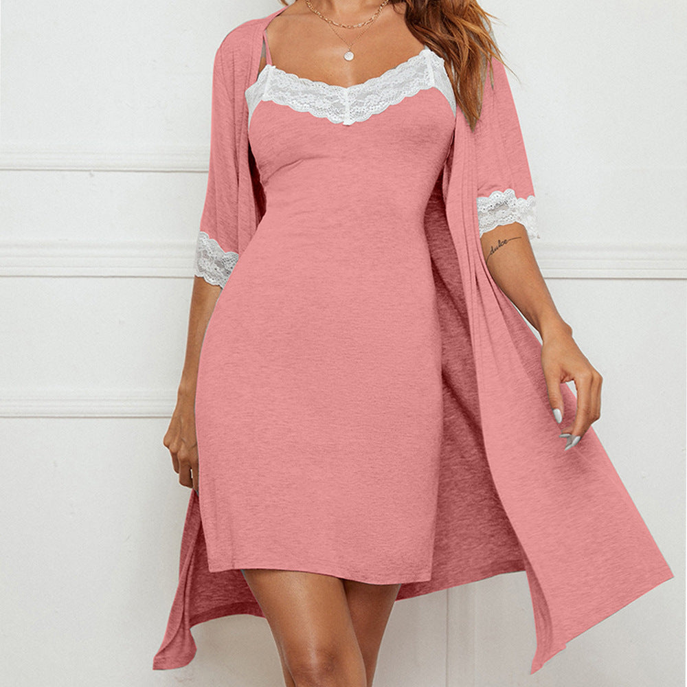 Pajama Suit Lace Stretch Slip Nightdress Nightgown Two-piece Set: Comfortable Home Wear - Minihomy