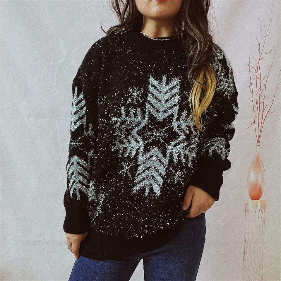 Women's Loose Gold Line Large Snowflake Christmas Sweater