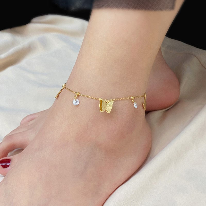 Titanium Steel No Fading Plated 18K Golden Butterfly Anklet