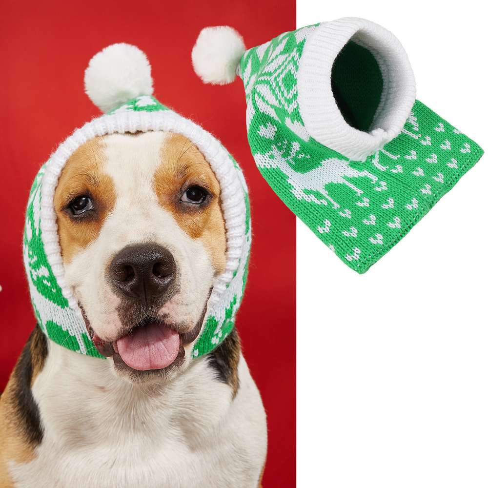 Christmas Atmosphere Love Snowflake Elk Printing Knitted Warm Pet Dog Cat Fur Ball Hat - Minihomy