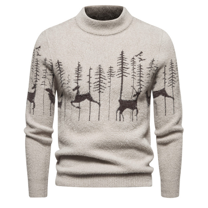 Christmas Sweater Men's Warm Deer Printed Round Neck Sweater - Minihomy