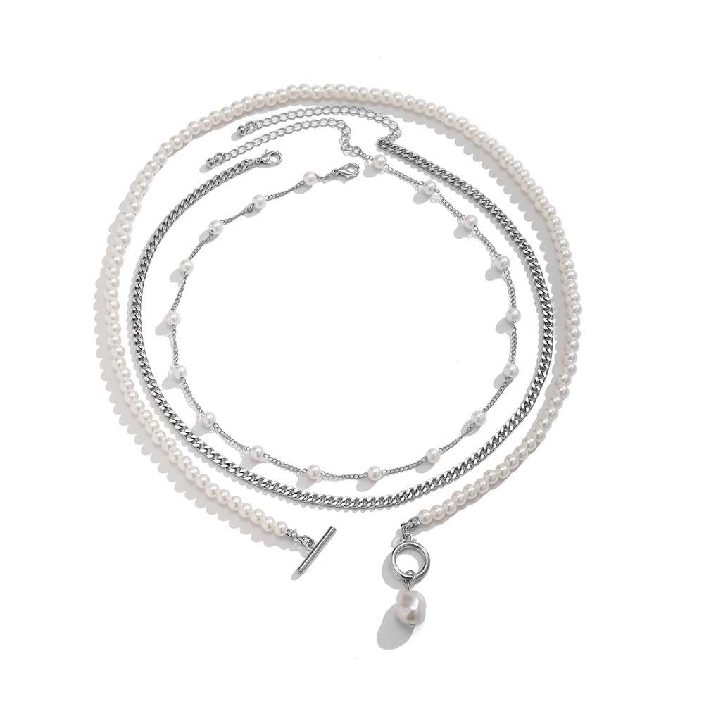 Men's OT Buckle Pearl Chain Necklace Three-piece Set - Minihomy