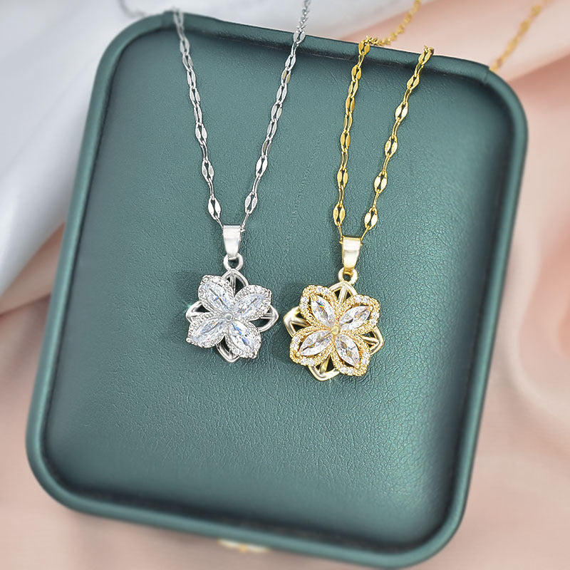 Rotatable Titanium Steel Four-petal Flower Necklace Female Inlaid Zircon Ring Earrings