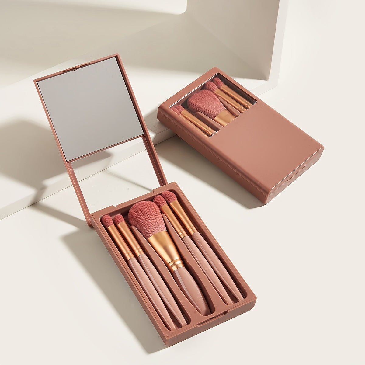 5 PCs Makeup Brushes With Mirror Travel Set - Minihomy