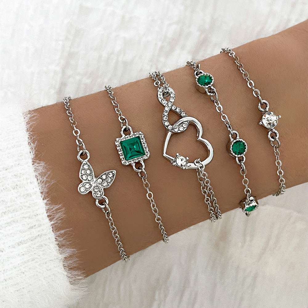 Bohemian 5pc Green Crystal Bracelets Jewelry Set For Women Heart Bracelet Wedding Engagement Bracelet Fashion Jewelry - Minihomy