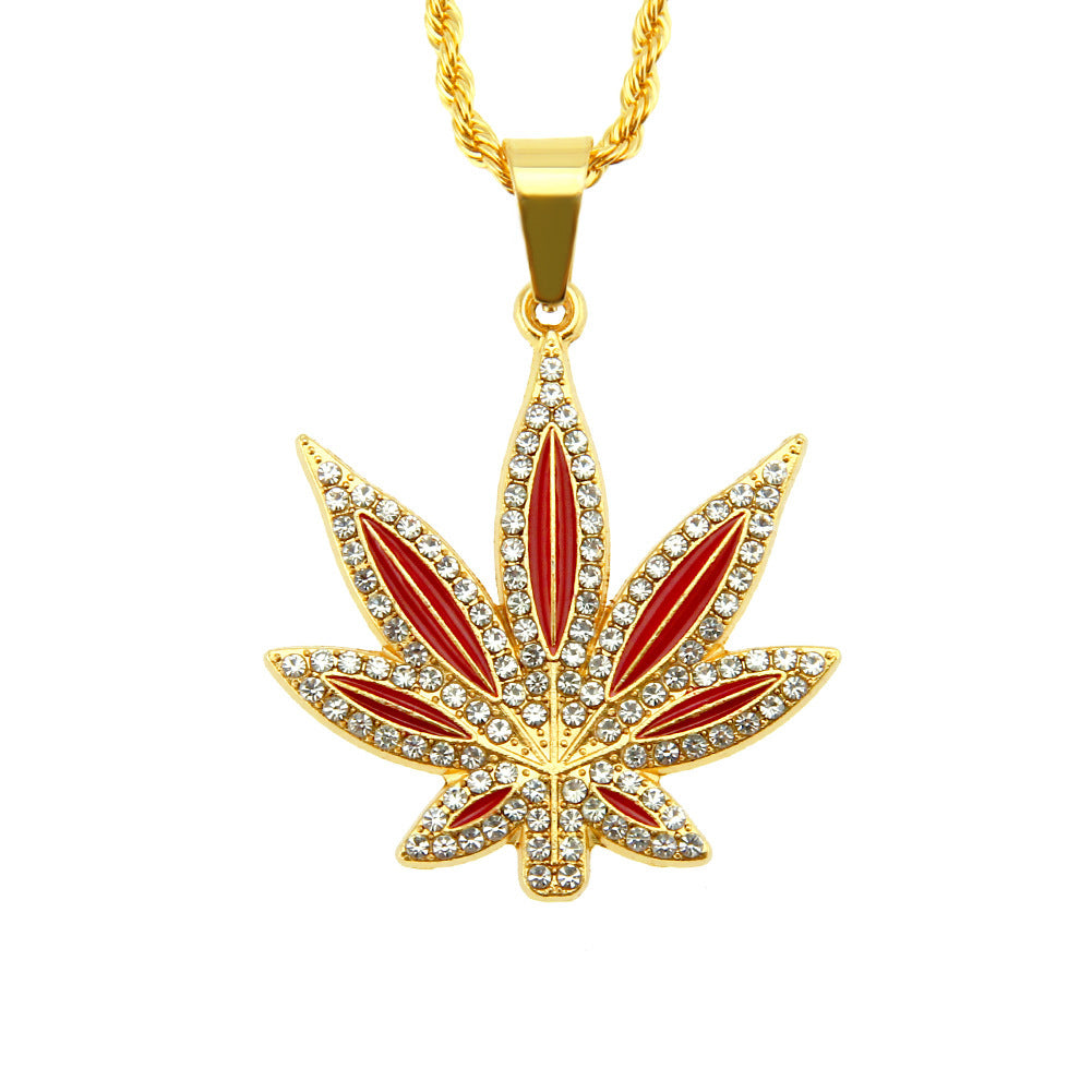 Punk Hip Hop Painting Oil Diamond-embedded Maple Leaves Pendant Neck Accessories Men