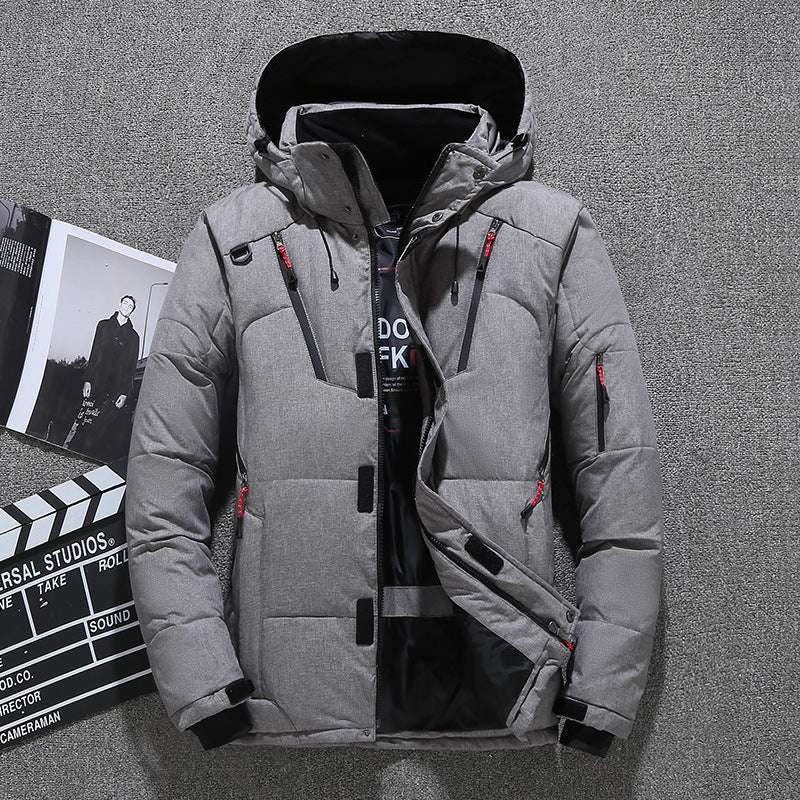 Men's Short Winter Thick White Down Hooded Jacket Multi-pocket Outdoor Set - Minihomy