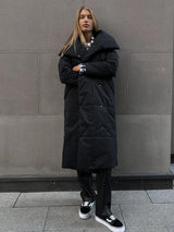 Women's Warm Winter Coat - Long Lapel, Cotton, Pockets, Lace-up