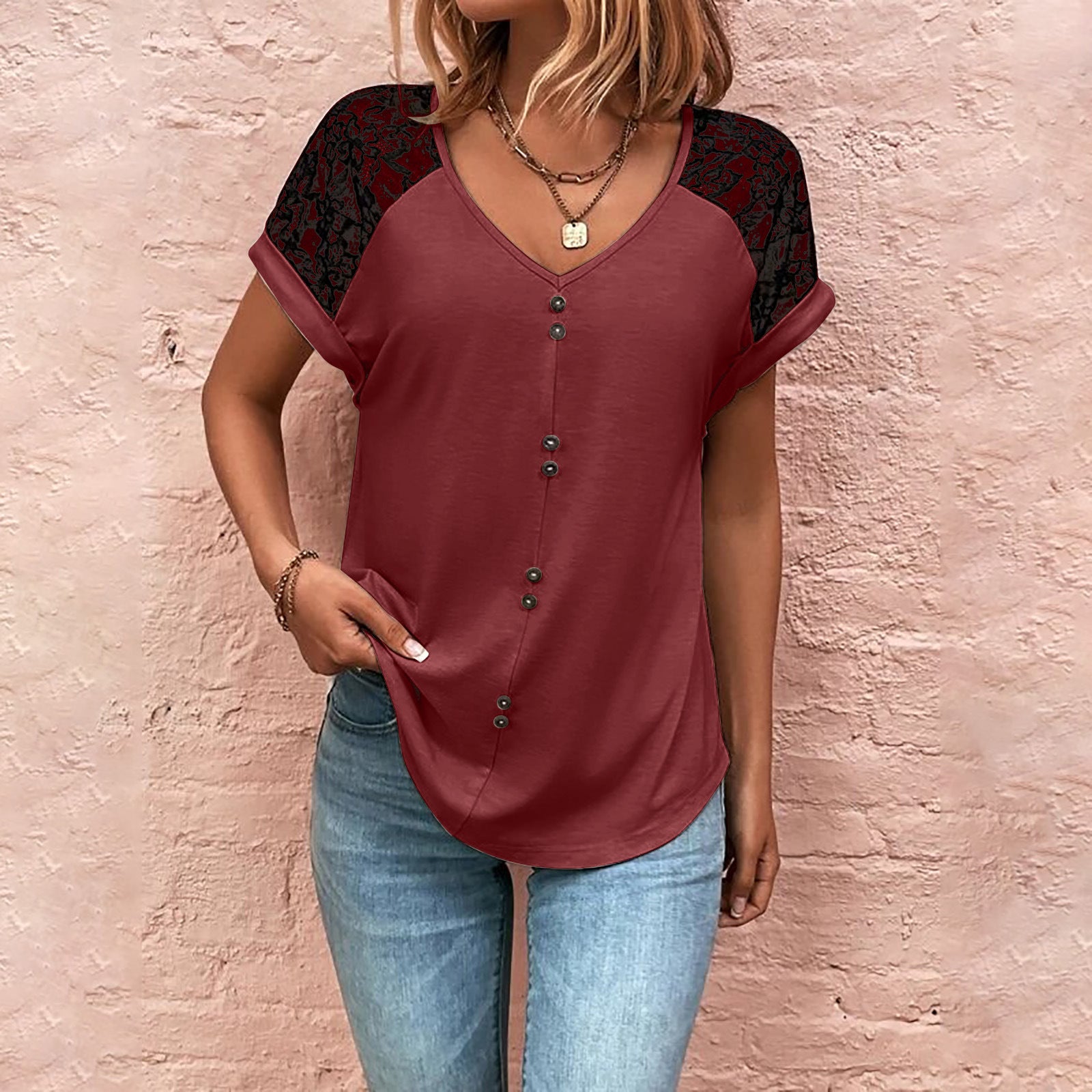 V-neck Top With Button Casual Summer Short Sleeve Pullover Shirt