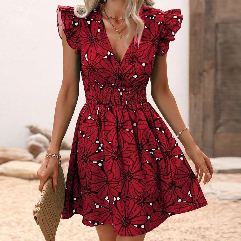 Flowers Print Ruffled Sleeveless Dress Summer Deep V-neck Slim-waist Short Dresses - Minihomy