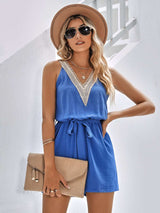 Casual Jumpsuit Lace V-neck Sleeveless Tops Tie-up Shorts Summer Beach Clothes - Minihomy