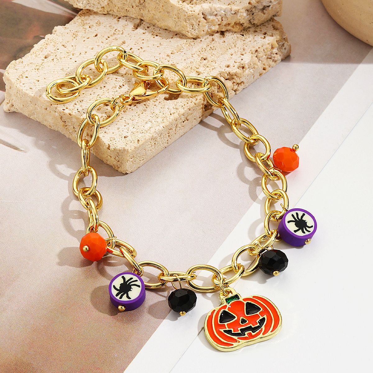 Yellow Red Pumpkin Skull Pendant Halloween Bracelet