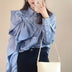 Casual Blue Striped Shirts For Women Lapel Long Sleeve Bowknot Patchwork Blouses - Minihomy