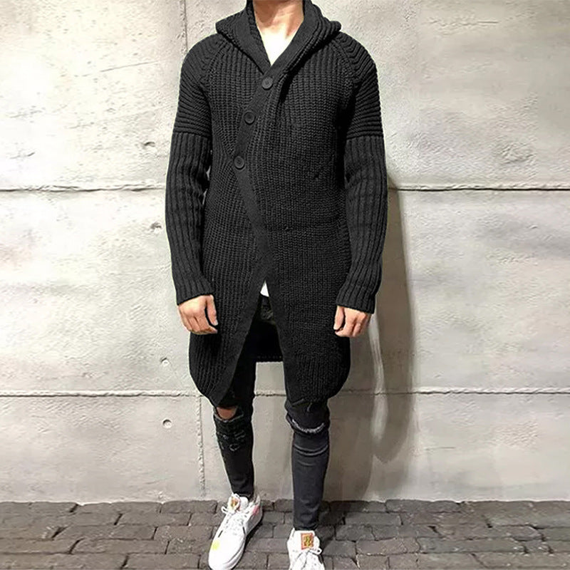 Long Knitted Hooded Sweater Coat Men Solid Color Button Casual Clothes - Minihomy