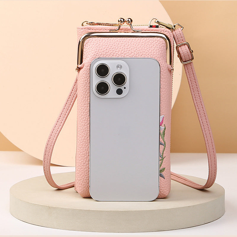 Flower Embroidery Phone Bag With Lock Buckle Outdoor Long Wallet Fashion Shoulder And Crossbody Bags - Minihomy