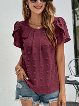 Crew Neck Casual Tulip Sleeve T-shirt Jacquard Top For Women - Minihomy