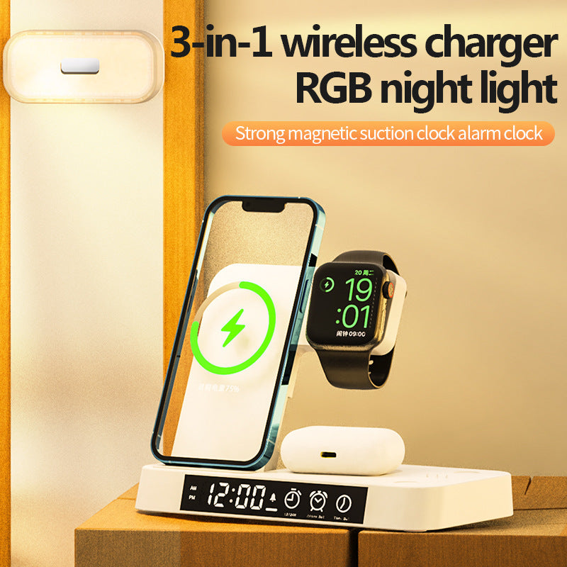 4 In 1 Multifunction Wireless Charger Station With Alarm Clock Display Foldable Stand With RGB Night Light - Minihomy