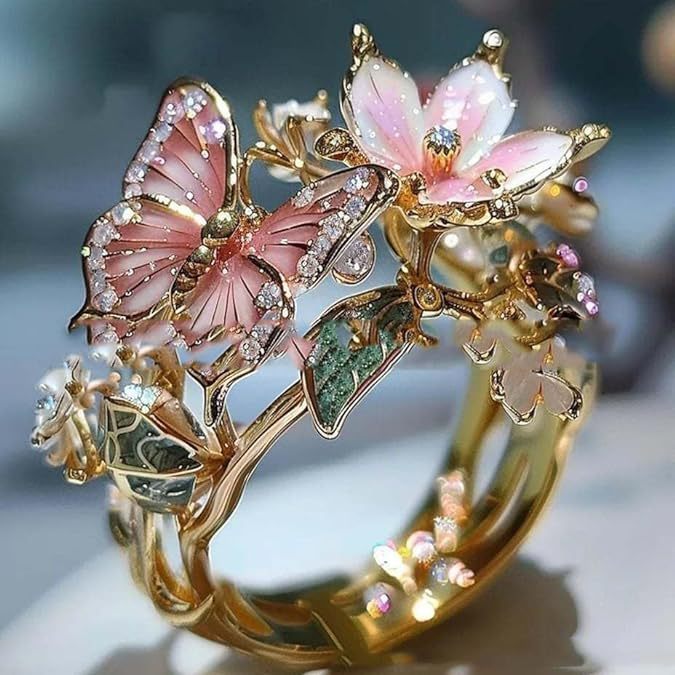 Gold Plated Butterfly Flower Crystal Ring for Women - Elegant Aesthetic Jewelry - Minihomy