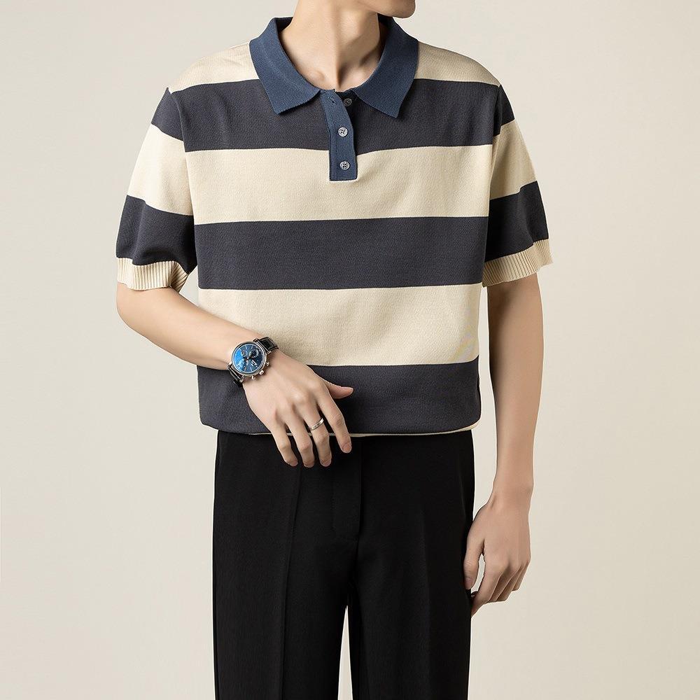 Lightly Mature Knitted Polo Shirt Casual Striped Short Sleeve - Minihomy