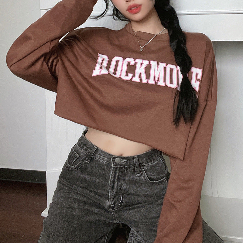 Harajuku Letter Printed Brown Cropped Sweatshirt Women Tops - Minihomy