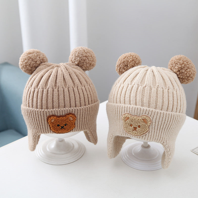 Baby Hat Warm Earflaps Cap Cute Bear Knitted Woolen Cap - Minihomy