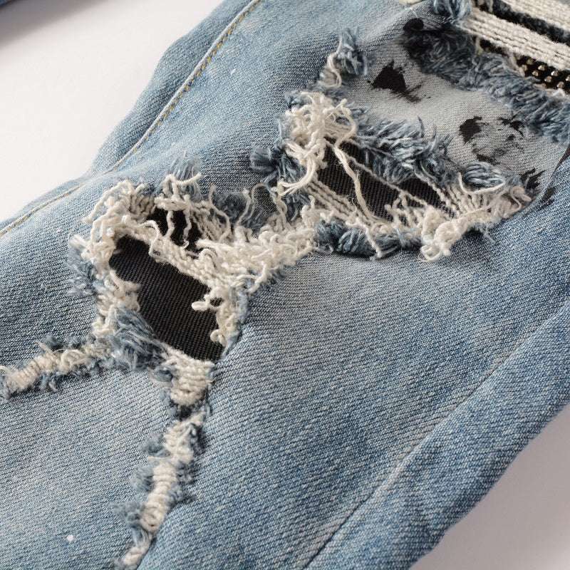 High Street Worn Out Wash Paint Splashing Perforated Jeans - Minihomy