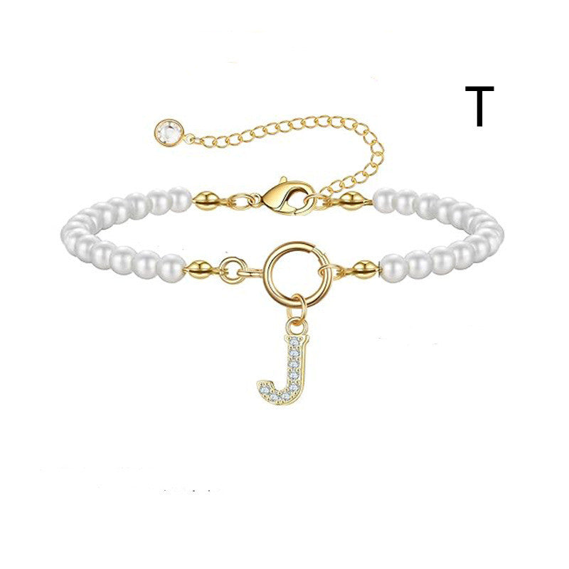 Personalized Initial Bracelet with Pearl Charm - A-Z Letter Toggle Clasp Jewelry Gift for Women - Minihomy