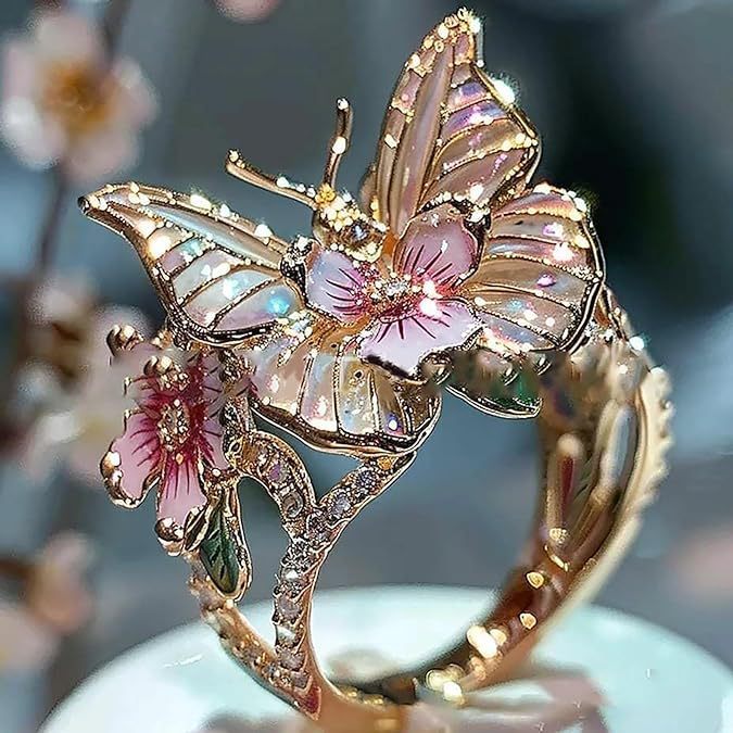 Gold Plated Butterfly Flower Crystal Ring for Women - Elegant Aesthetic Jewelry - Minihomy