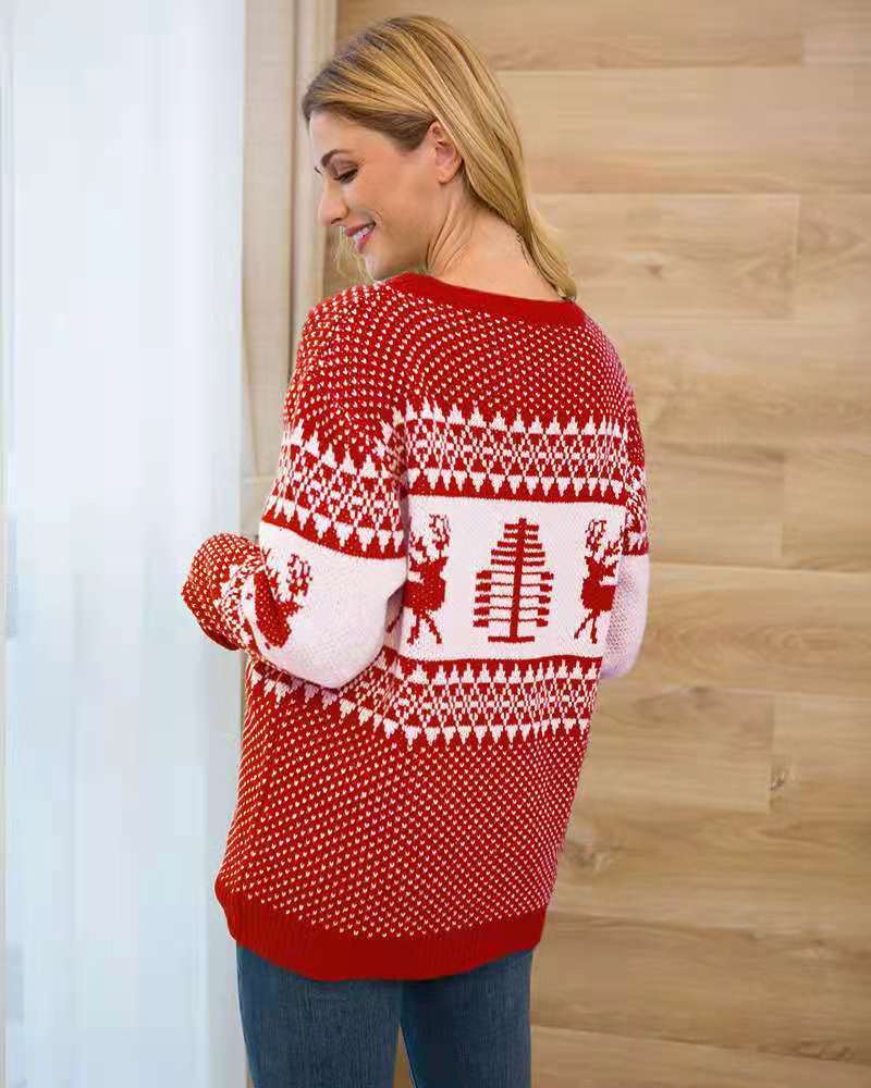 Christmas Sweater Cute Elk Geometric Print Knitted Sweater Women Winter Tops Clothes - Minihomy