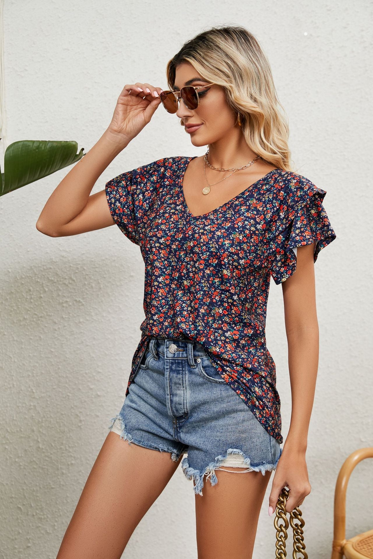 Women's Tops Casual V Neck Tops Ruffle Short Sleeve T Shirt Blouses