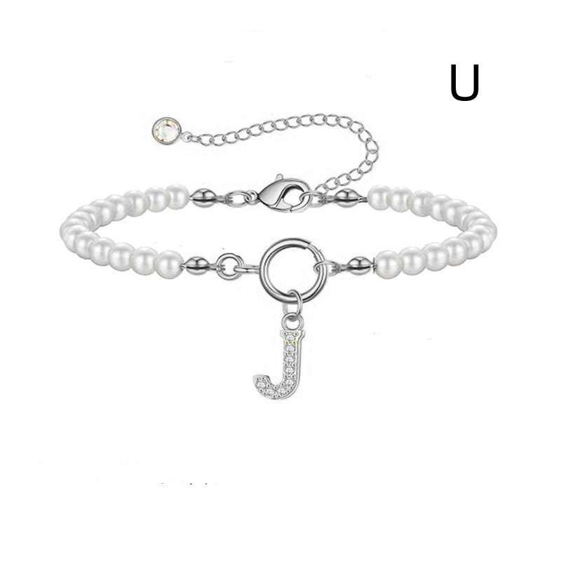 Personalized Initial Bracelet with Pearl Charm - A-Z Letter Toggle Clasp Jewelry Gift for Women - Minihomy