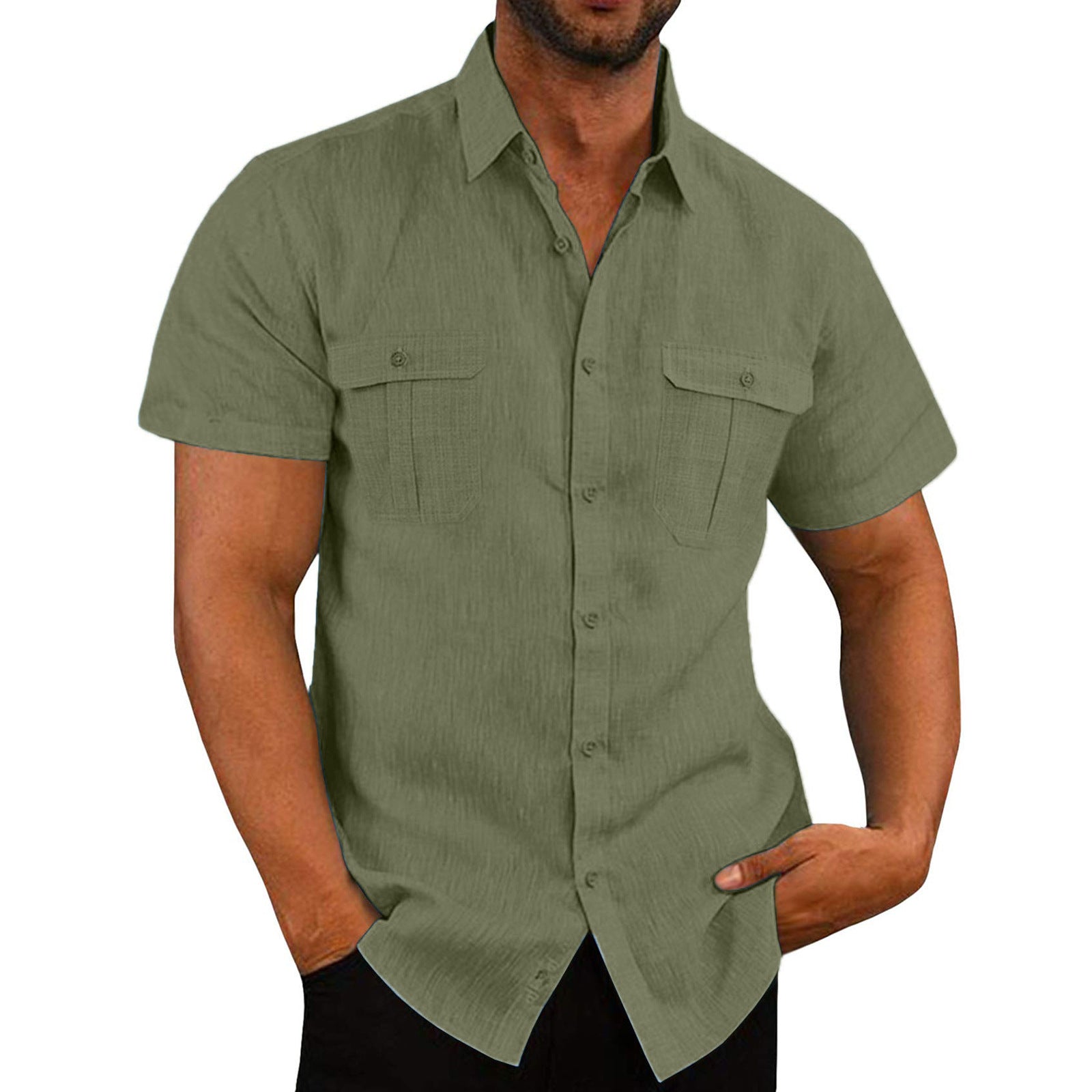 Men's Button Short Sleeve Shirt Summer Casual Double Pocket Wide Collar Beach Shirt Summer - Minihomy