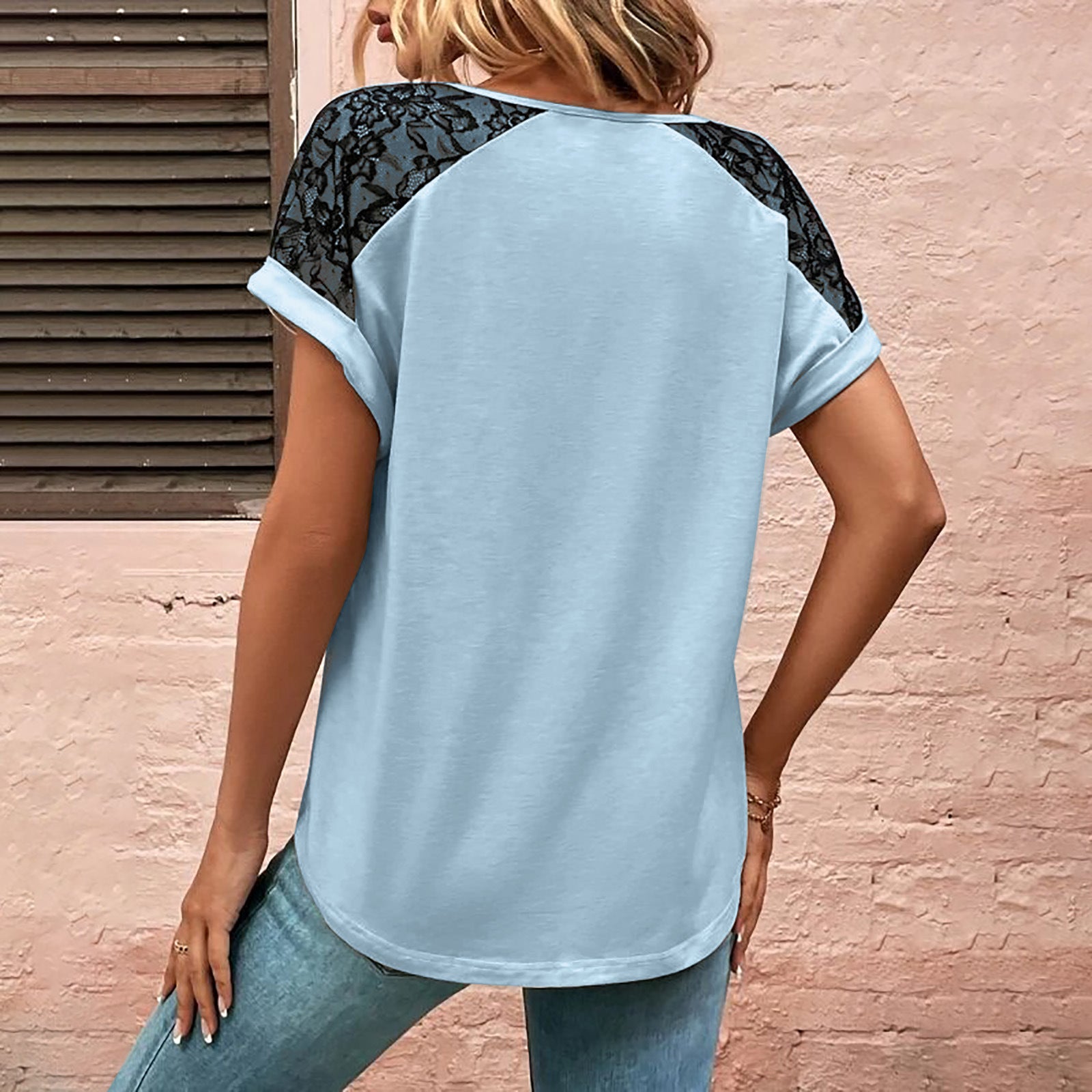 V-neck Top With Button Casual Summer Short Sleeve Pullover Shirt