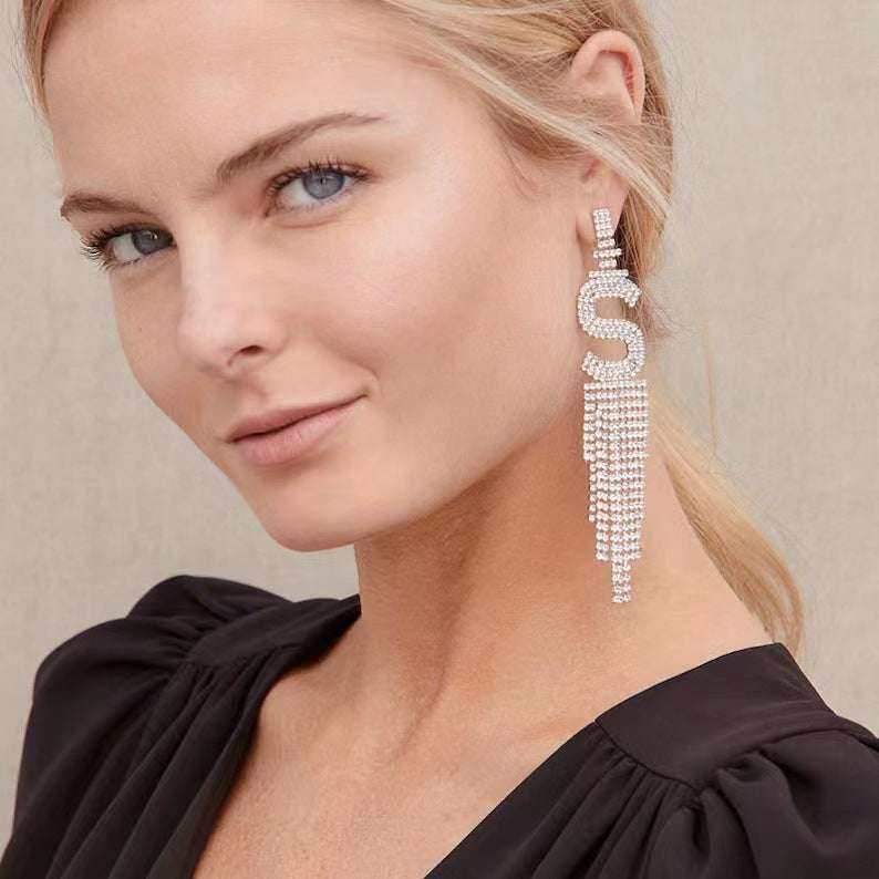 925 Silver Needle Ornaments Rhinestone Letter B Earrings Banquet Tassel Ear - Minihomy