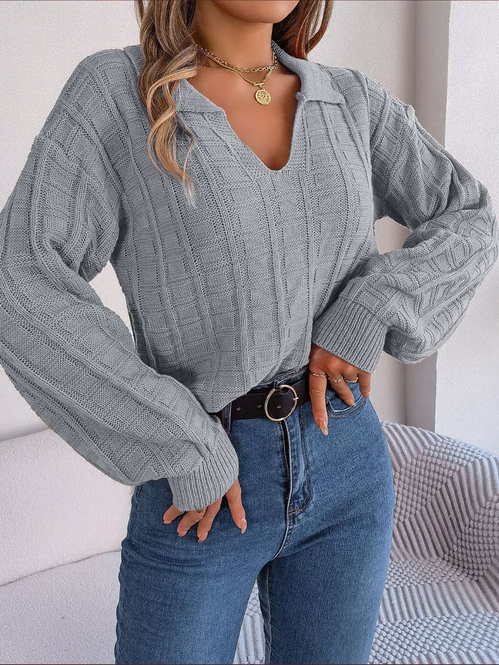 Casual Polo Collar Solid Color Plaid Long Sleeve Knitted Pullover Sweater - Minihomy