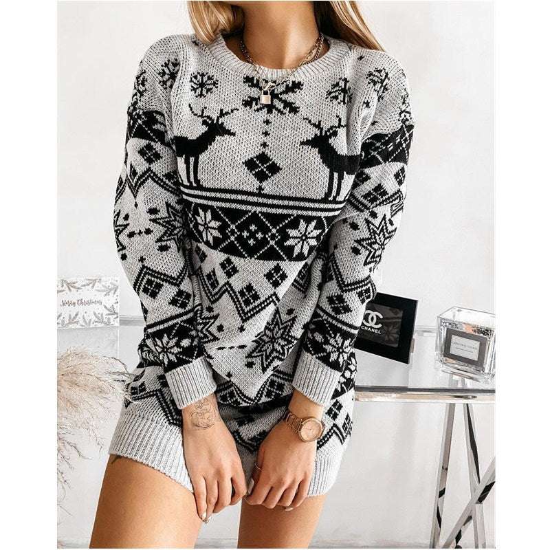 Elk Snowflake Christmas Jacquard Knitted Dress Long Knitted Sweaters - Minihomy