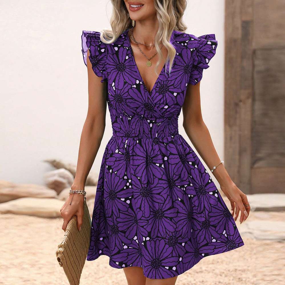 Flowers Print Ruffled Sleeveless Dress Summer Deep V-neck Slim-waist Short Dresses - Minihomy