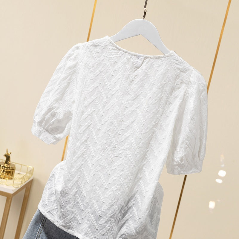 Cotton Embroidered Puff Sleeve Shirt Tops Women White Ladies Shirts - Minihomy